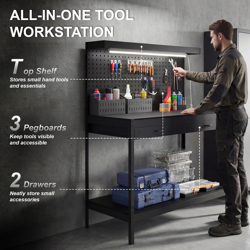 HOMCOM 2 Drawer Single Shelf Black Workbench with Pegboard and LED Light Image 3