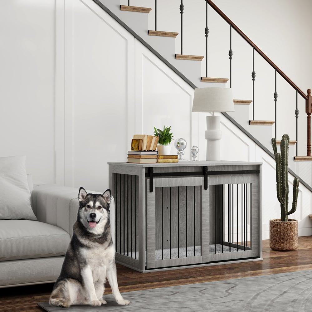 PawHut Grey Large Dog Crate Furniture Side Table Image 2