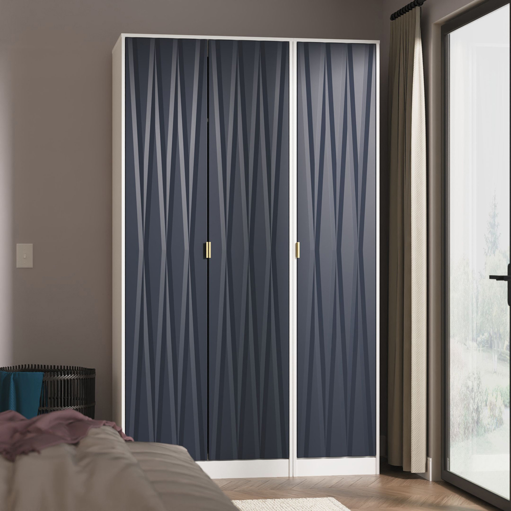 Crowndale Diamond 3 Door Indigo Matt and White Tall Wardrobe Ready Assembled Image 9