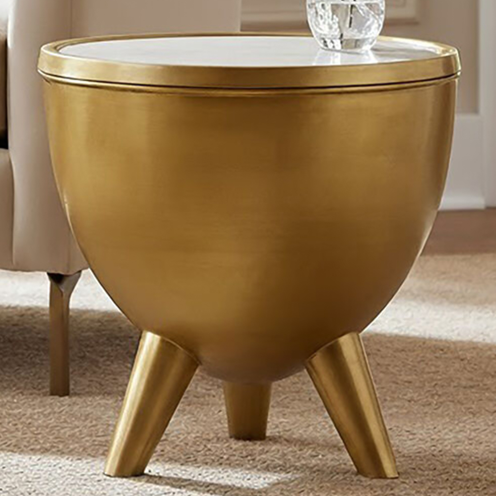 Premier Housewares Crest Gold Bowl-Shaped Side Table with White Marble Top Image 1