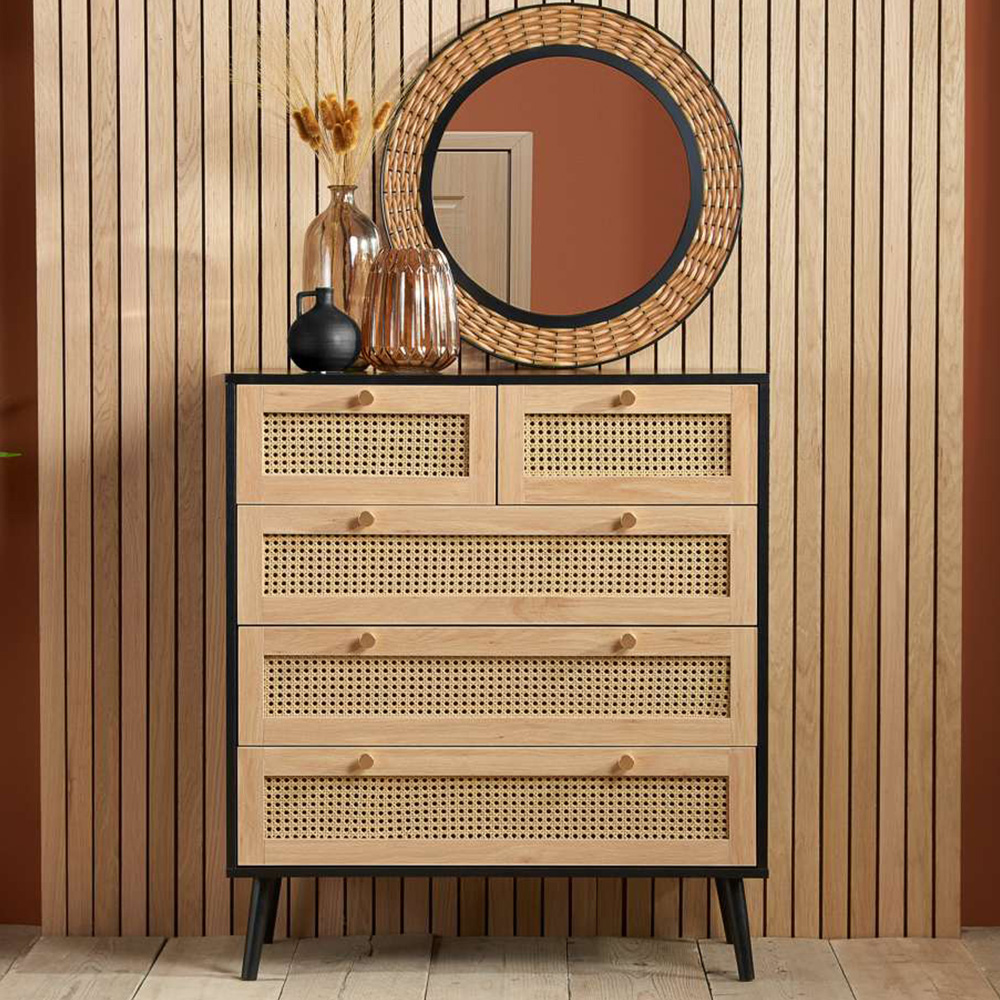 Croxley 5 Drawer Black and Oak Rattan Chest of Drawers Image 1