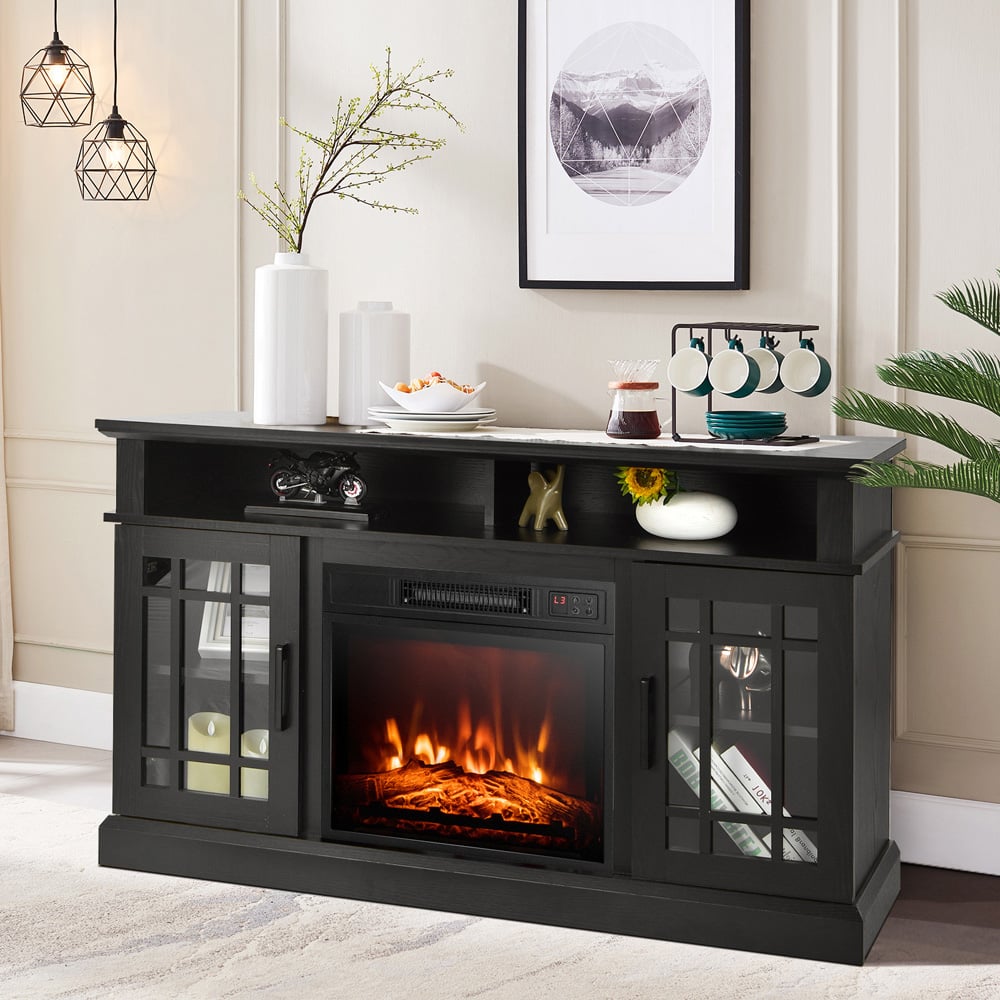Costway 2 Door 2 Shelf 6823 BTU Black Fireplace TV Unit with Electric Insert and Remote Image 4