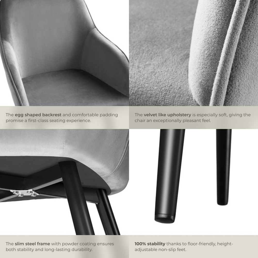 tectake Marilyn Set of 8 Grey and Black Velvet Padded Dining Chair Image 5
