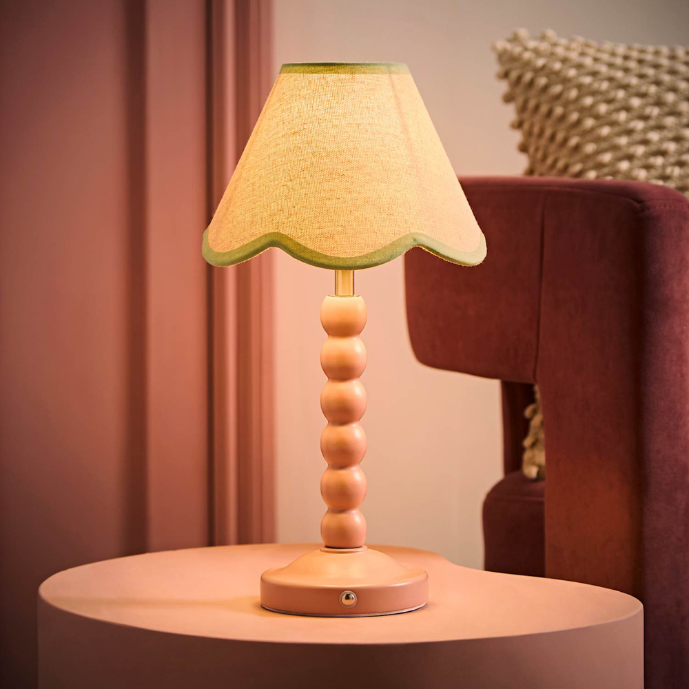 ValueLights Bobble Green Scallop Shade Pink Wooden LED Table Lamp Image 2