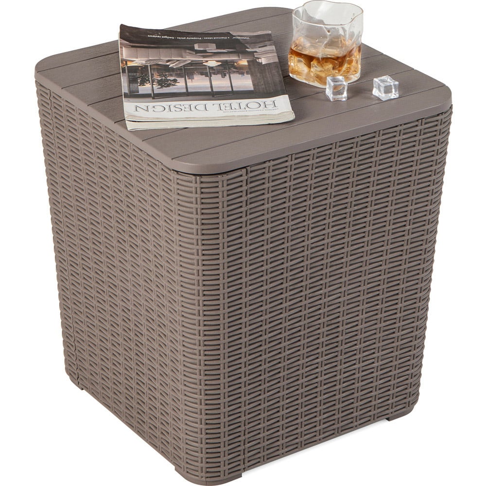 Costway Brown Resin Wicker Woven Garden Side Table with Storage Image 2