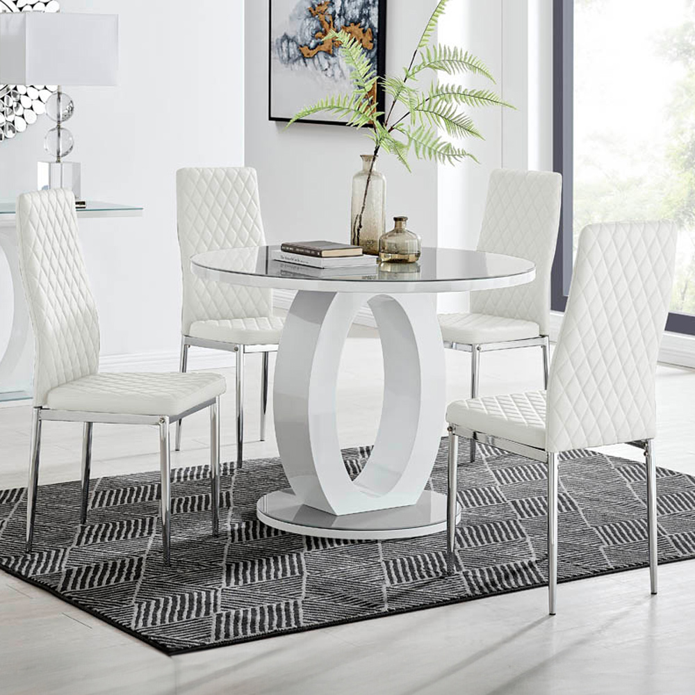 Furniturebox Lucia Valera 4 Seater Round Dining Set Grey Gloss White and Chrome Image 1