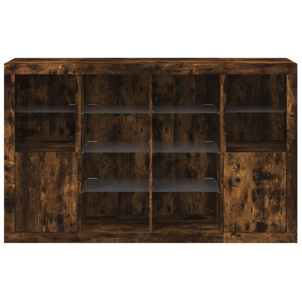 vidaXL 2 Door 12 Shelf Smoked Oak Wide Sideboard with LED Lights 3 Piece Image 6