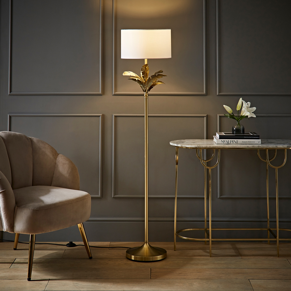 ValueLights Christina White and Gold Palm Leaf Detail Single Stem Floor Lamp and Bulb Image 2