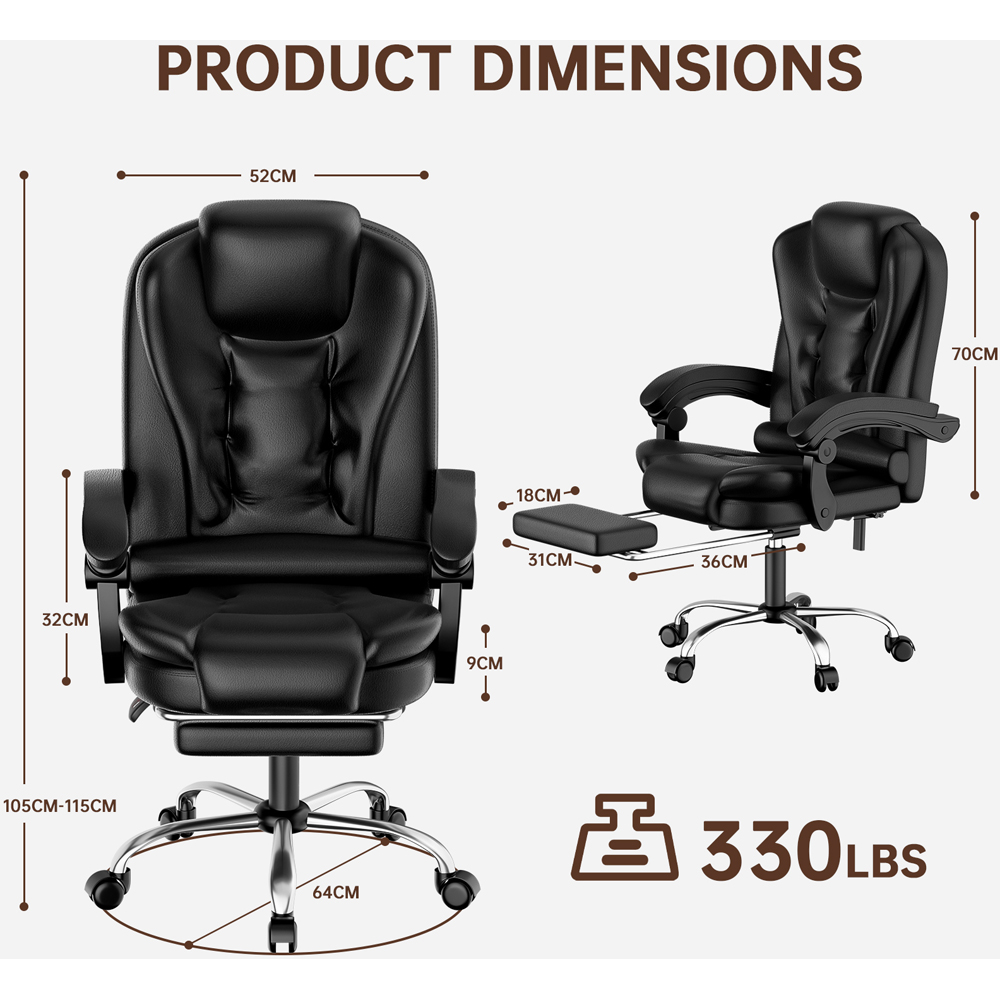 Rattrix Black PU Leather Reclining Swivel Office Chair with Footrest and Lumbar Support Image 7