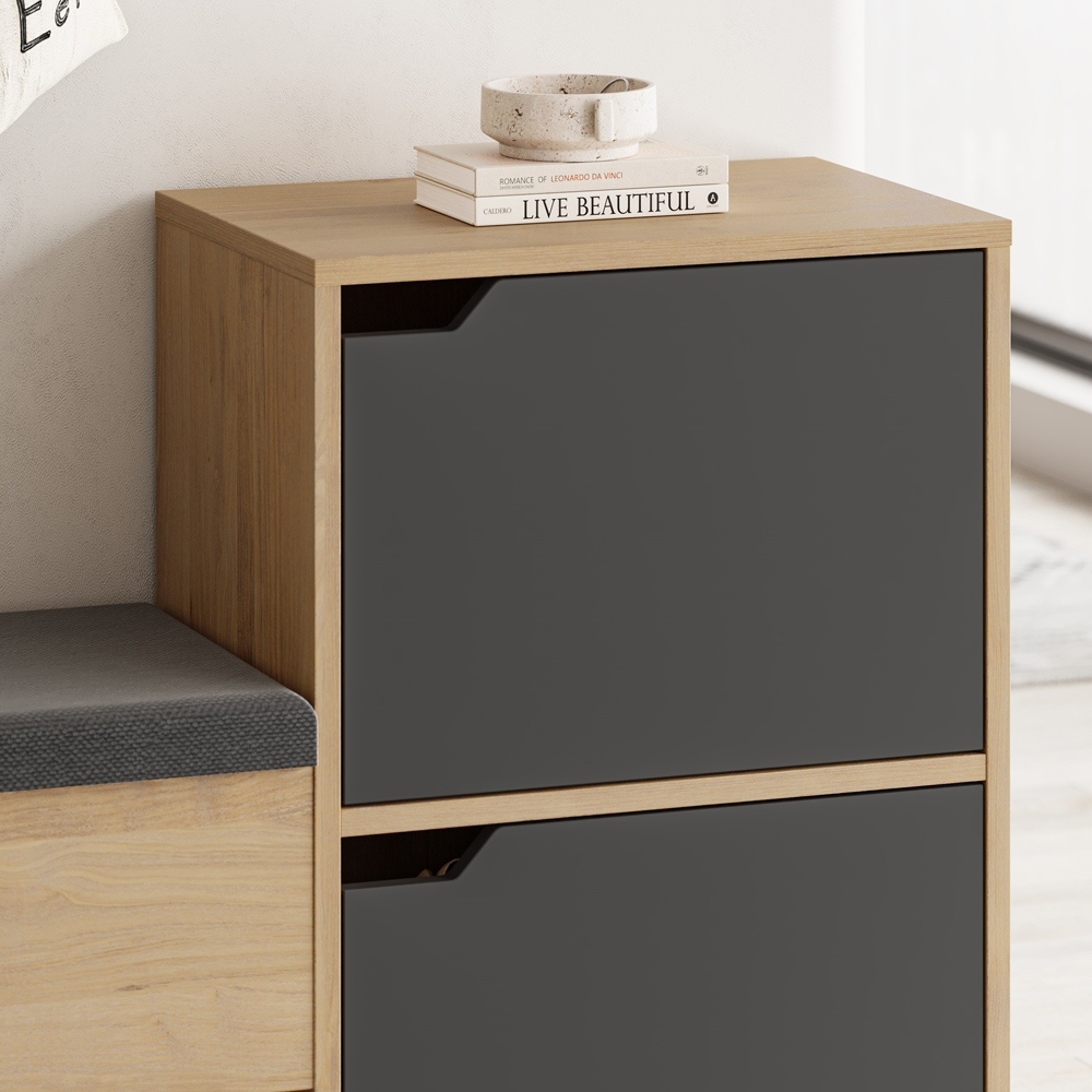 Decortie Haven 2 Door Single Shelf Anthracite Grey Oak Modern Shoe Storage Bench with Compartment Image 3