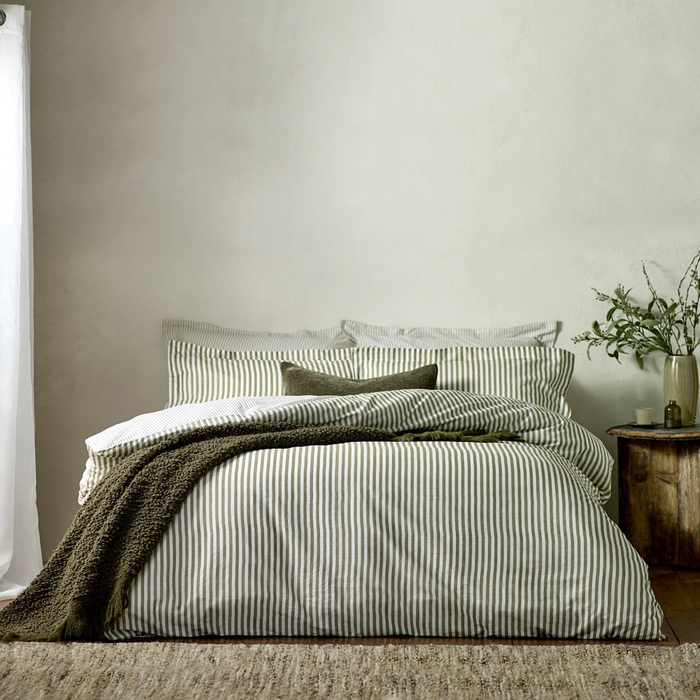 Yard Hebden Double Melange Stripe Cotton Olive Duvet Set Image 5