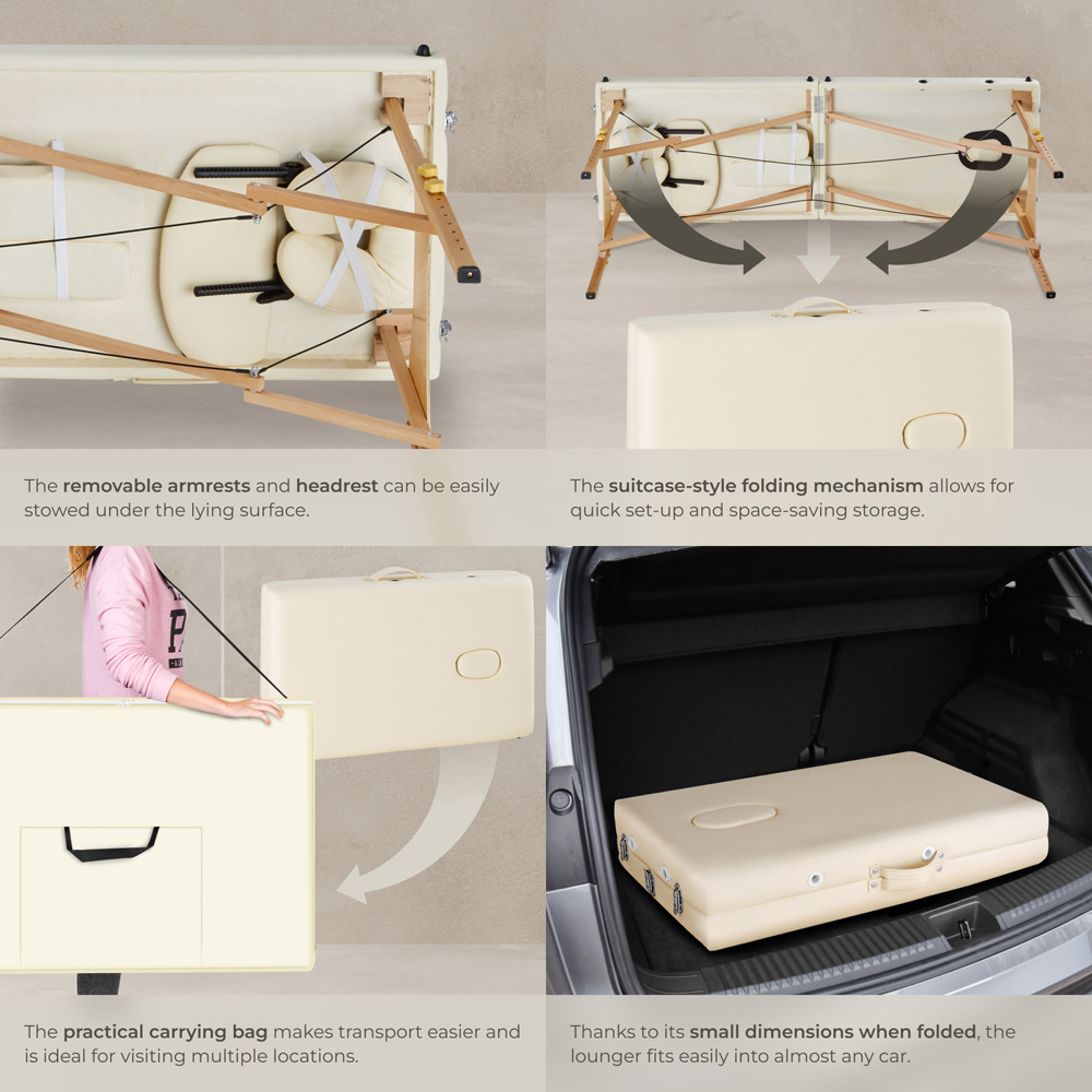 Massage Table - 2-zones with wooden frame, bolsters, carry bag, head and armrests - Beige Image 4