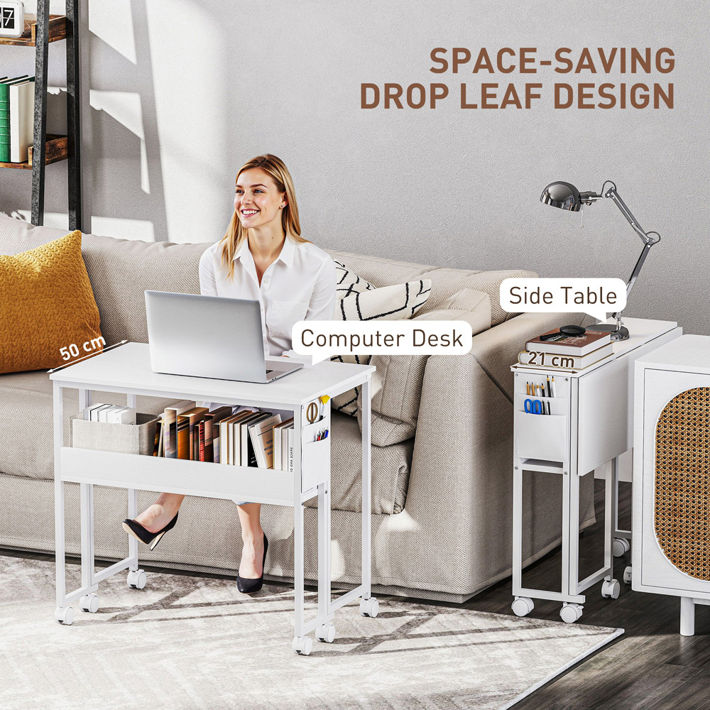 HOMCOM Single Shelf Foldable Computer Desk with Wheels and Side Bag White Image 4