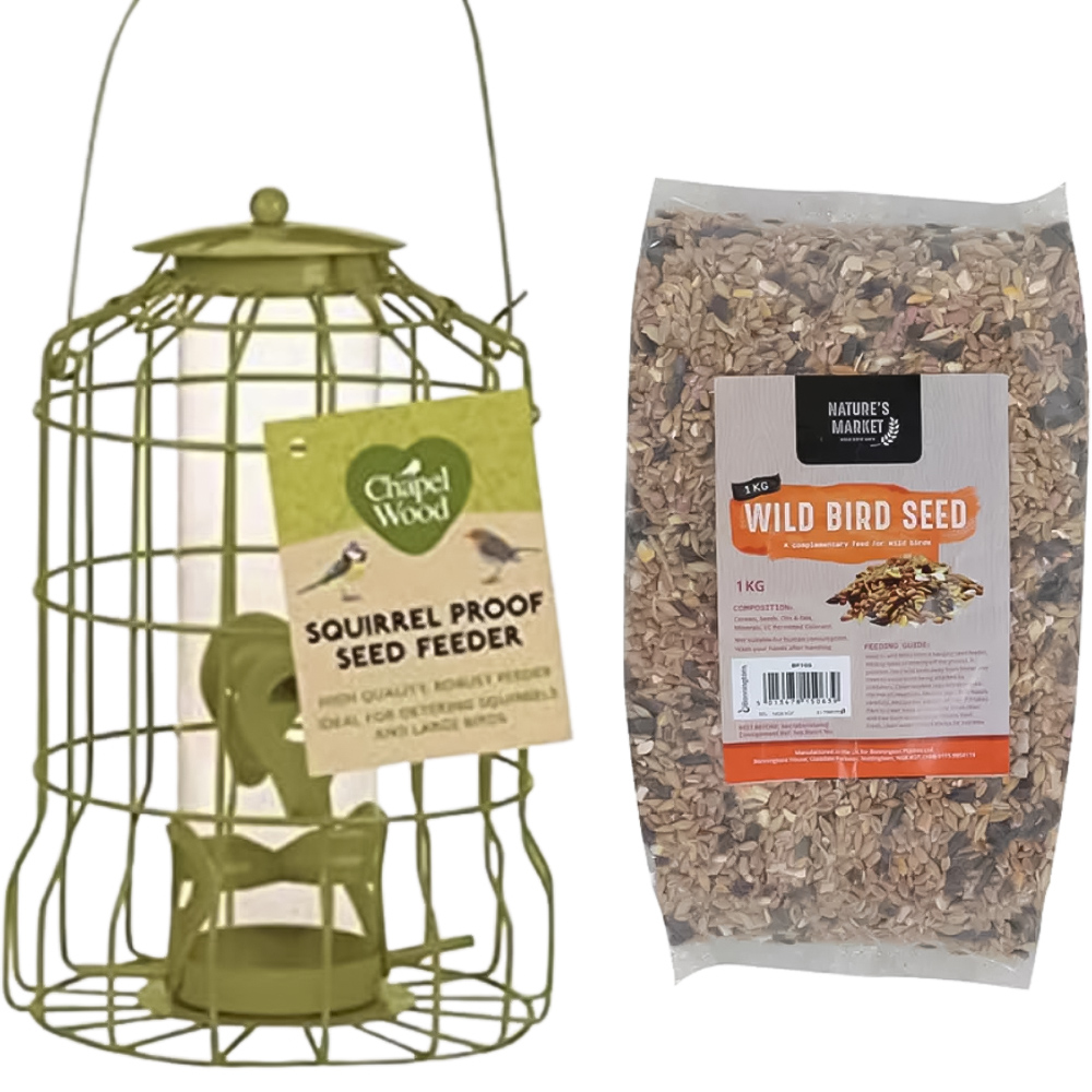 Marco Paul Green Squirrel Proof Seed Feeder with Wild Bird Seed 1kg Image 1