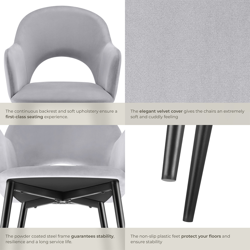 tectake Sasha Set of 2 Light Grey Velvet Dining Chair Image 5