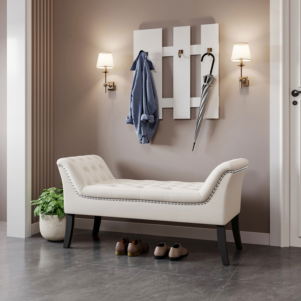 Living and Home Creamy White Modern Soft Velvet Buttoned Armed Bench Image 3