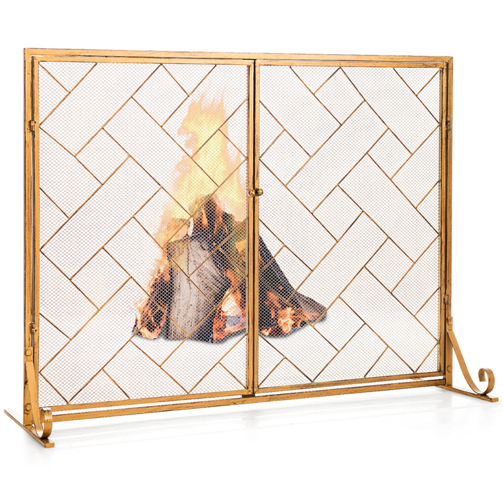 Costway 2 Panel Golden Double Magnetic Doors Mesh Fireplace Screen Image 3