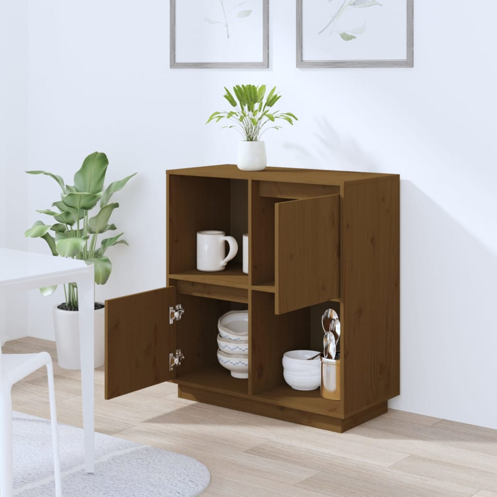 vidaXL 2 Door 2 Shelf Honey Brown Pine Wood Sideboard Image 3