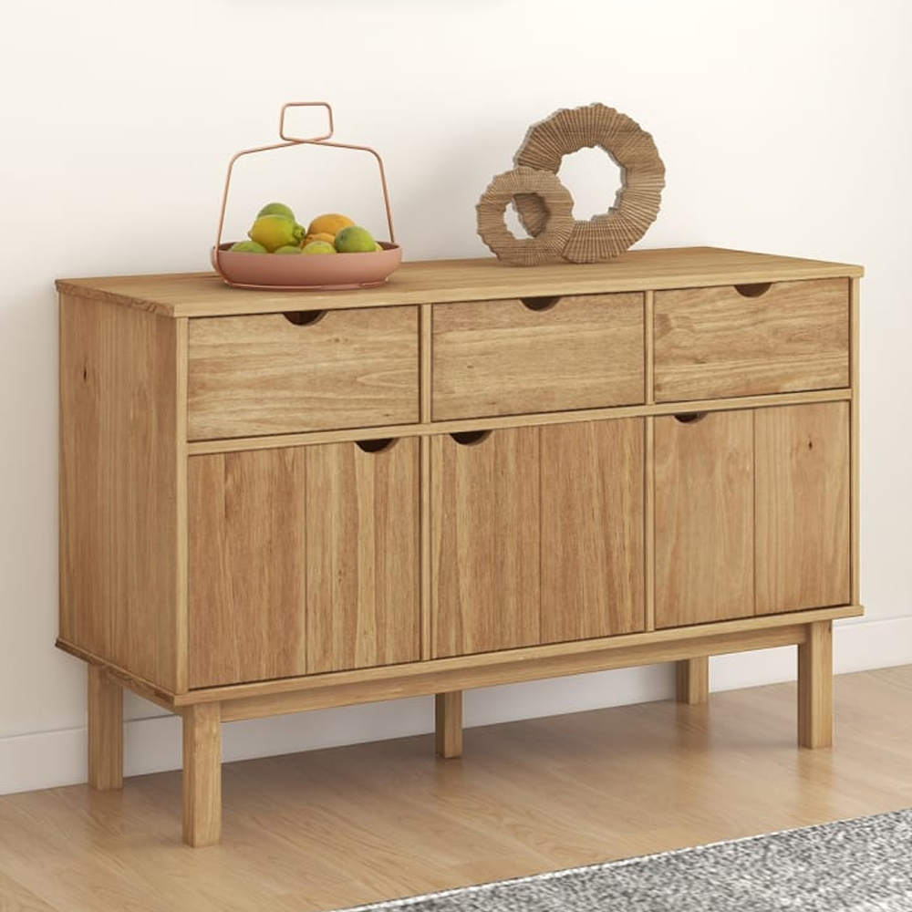 vidaXL Otta 3 Door 3 Drawer Natural Solid Pine Wood Sideboard Image