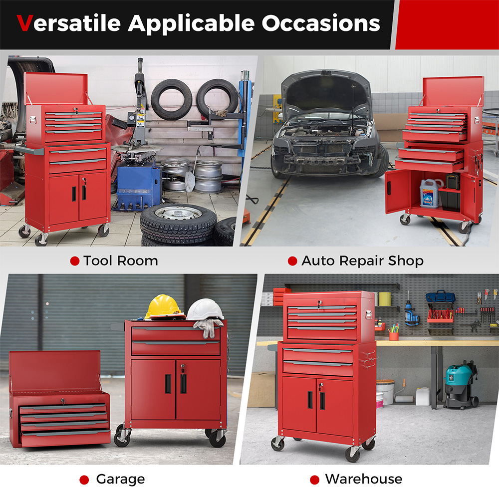 Costway 2 in 1 6 Drawer Red Rolling Tool Chest with Universal Wheels and Hooks Image 5