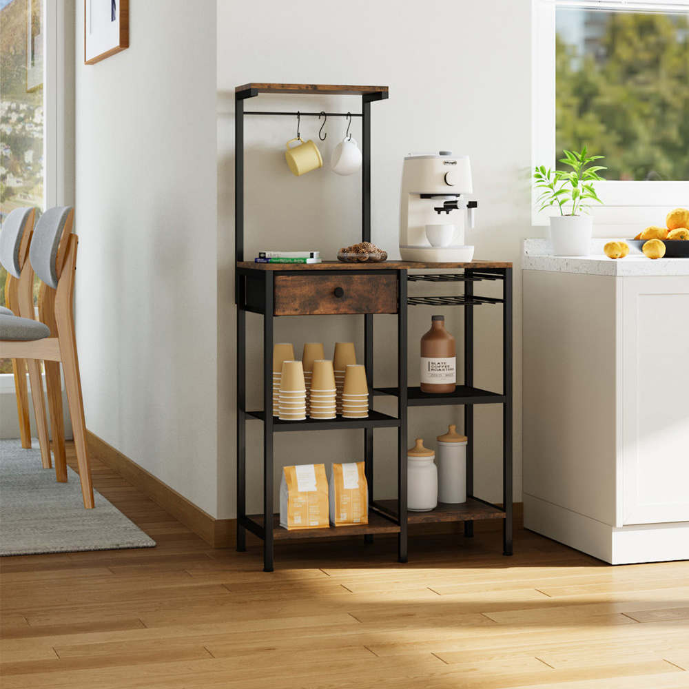 Living and Home Single Drawer 4 Shelf Wood and Metal Coffee Station with Hanging Rail Image 7