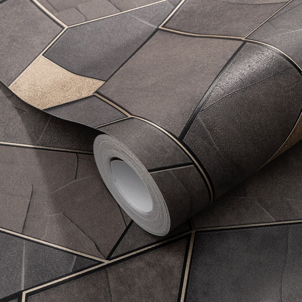 Elle Decoration Mosaique Charcoal Grey and Gold Textured Vinyl Wallpaper by Erismann Image 3