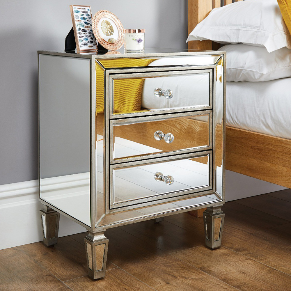 Furniturebox Veneto 3 Drawer Mirrored Bedside Table Image 3