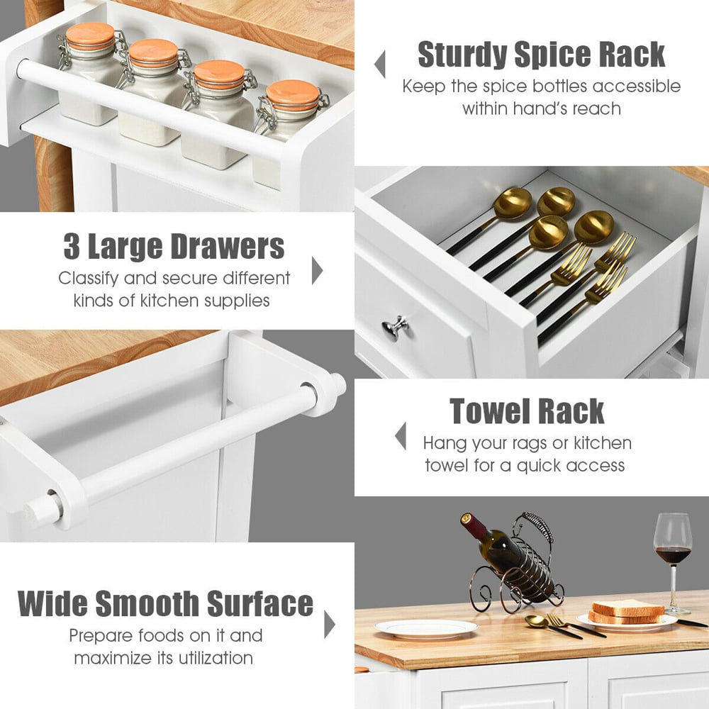 Costway 3 Drawer and 2 Door White Kitchen Island Cart on Wheels Image 6