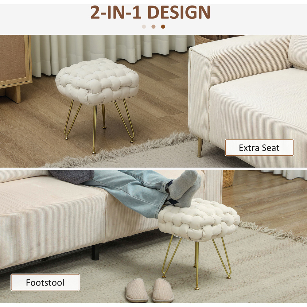 HOMCOM Cream White Woven Velvet Footstool with Metal Legs Image 6