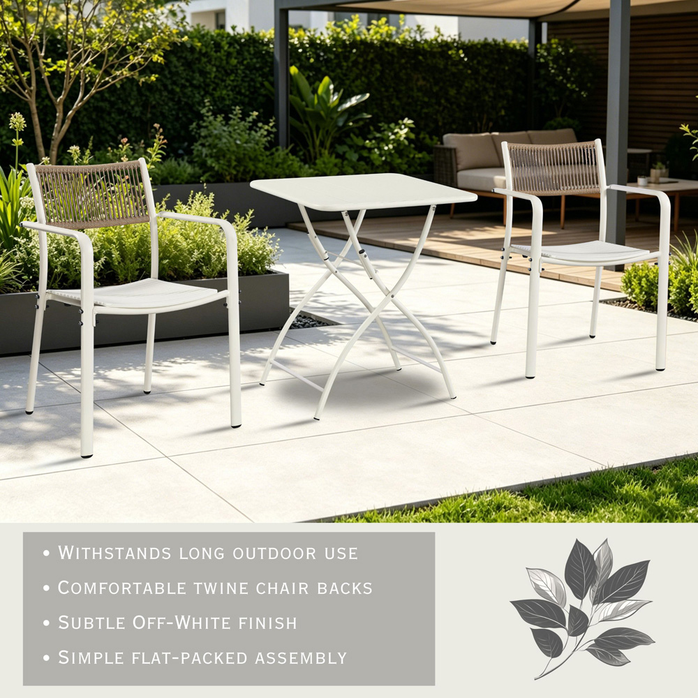 Core Products 2 Seater White Rope Back Effect Square Metal Foldable Table Garden Bistro Set Image 7