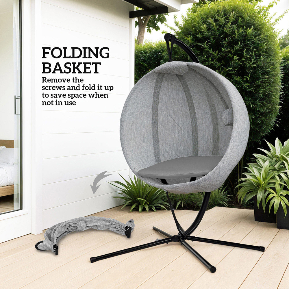 Outsunny Grey Hanging Egg Chair with Folding Basket Image 6