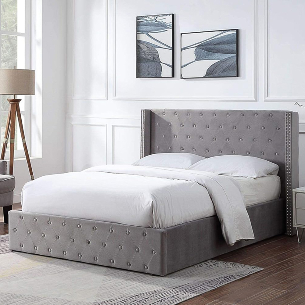 Home Treats King Size Brushed Velvet Buttoned Winged Headboard Ottoman Bed Frame Image 1
