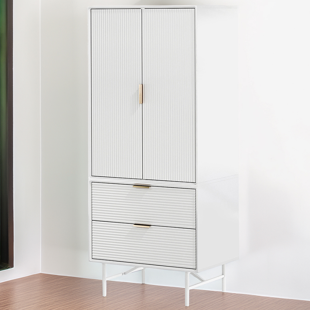 H&O Direct 2 Door 2 Drawer White Striped Wardrobe Cabinet with Hanging Rail Image 1