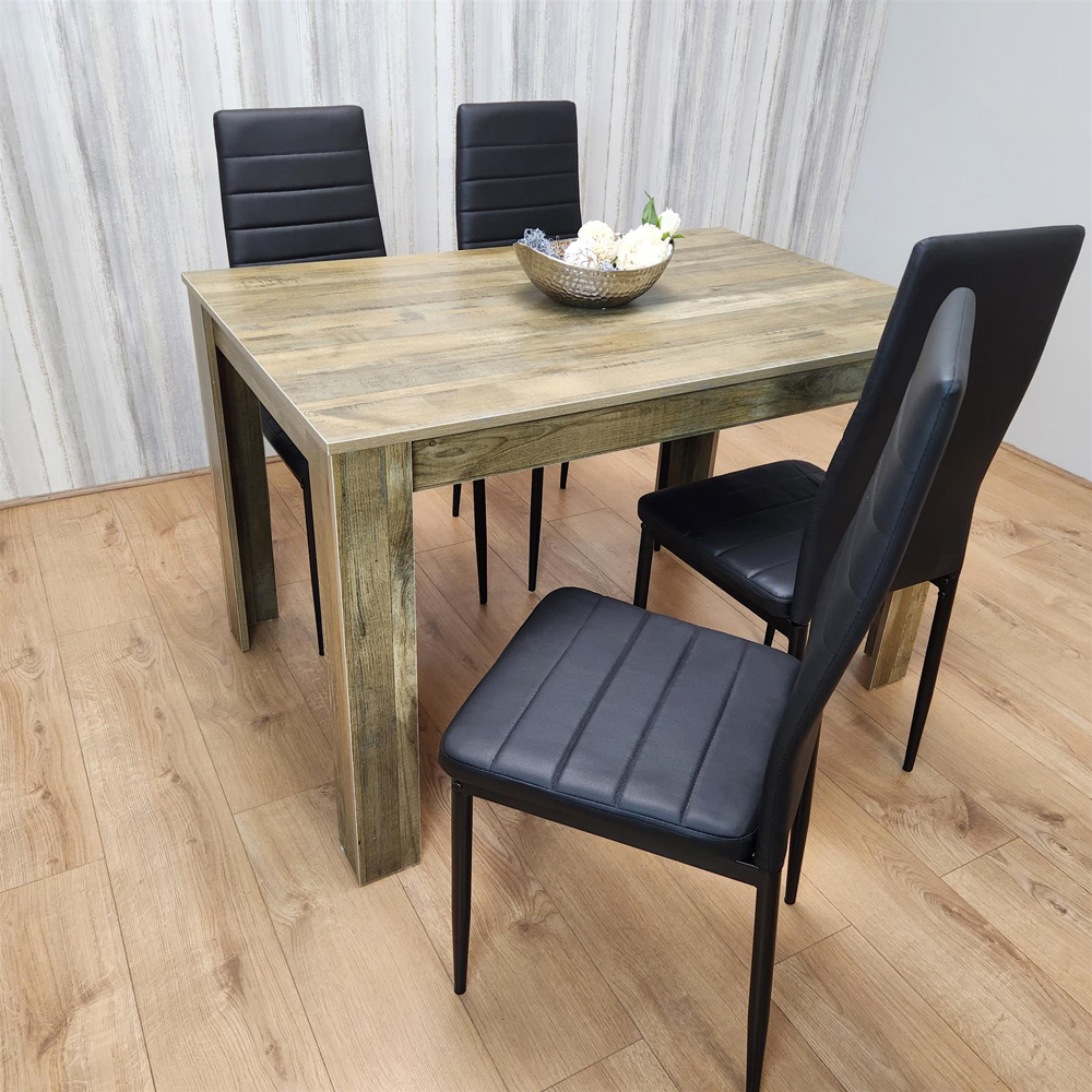 Portland 4 Seater Dining Set Rustic Effect and Black Leather Image 3