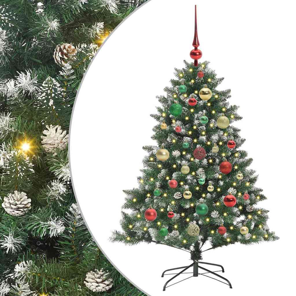 vidaXL Pre-Lit Multicolour Bauble Pinecones Green Snow Flocked Artificial Christmas Tree 4ft Image 5