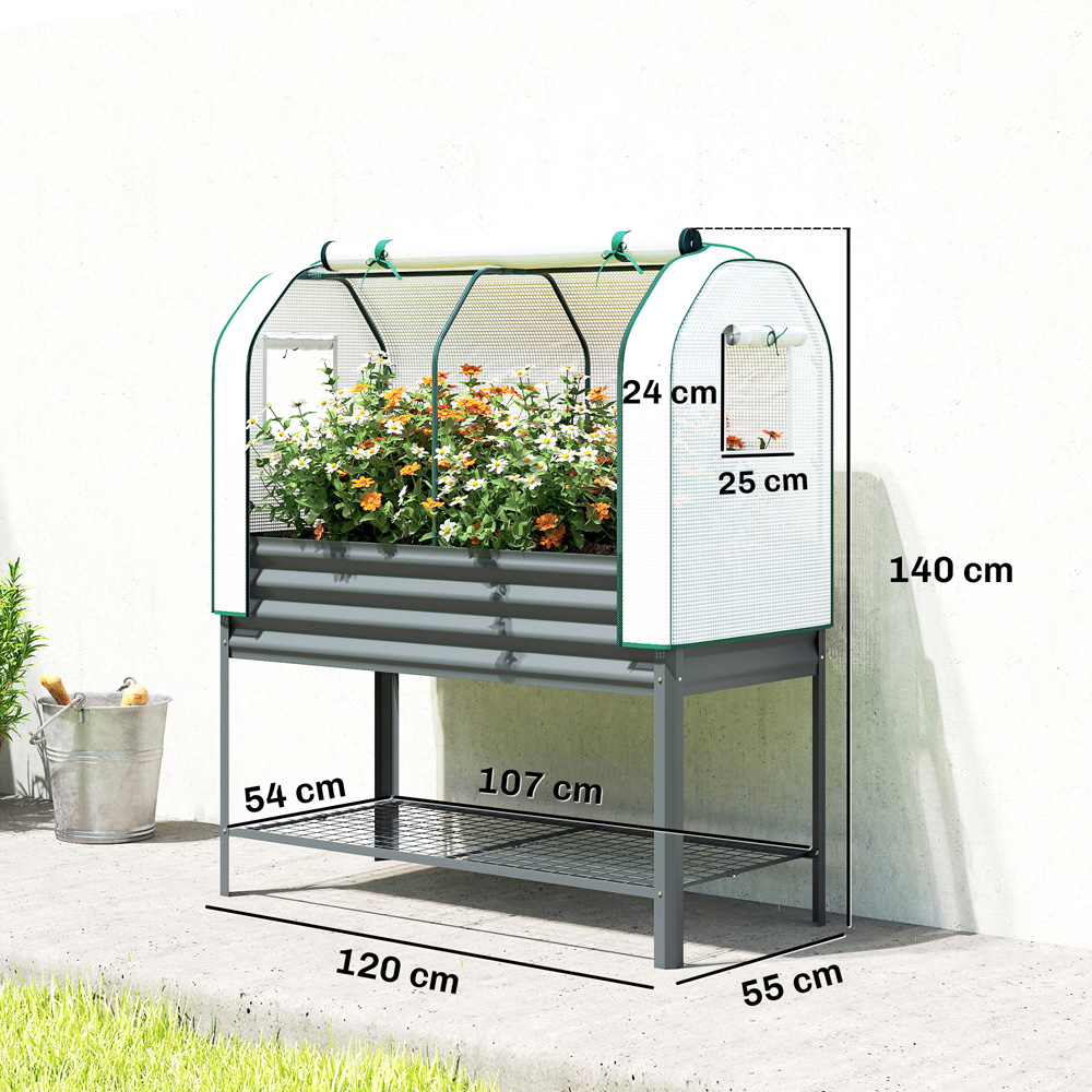 Outsunny Galvanised Raised Planter with Greenhouse Cover and Bottom Shelf 140 x 120 x 55cm Image 9