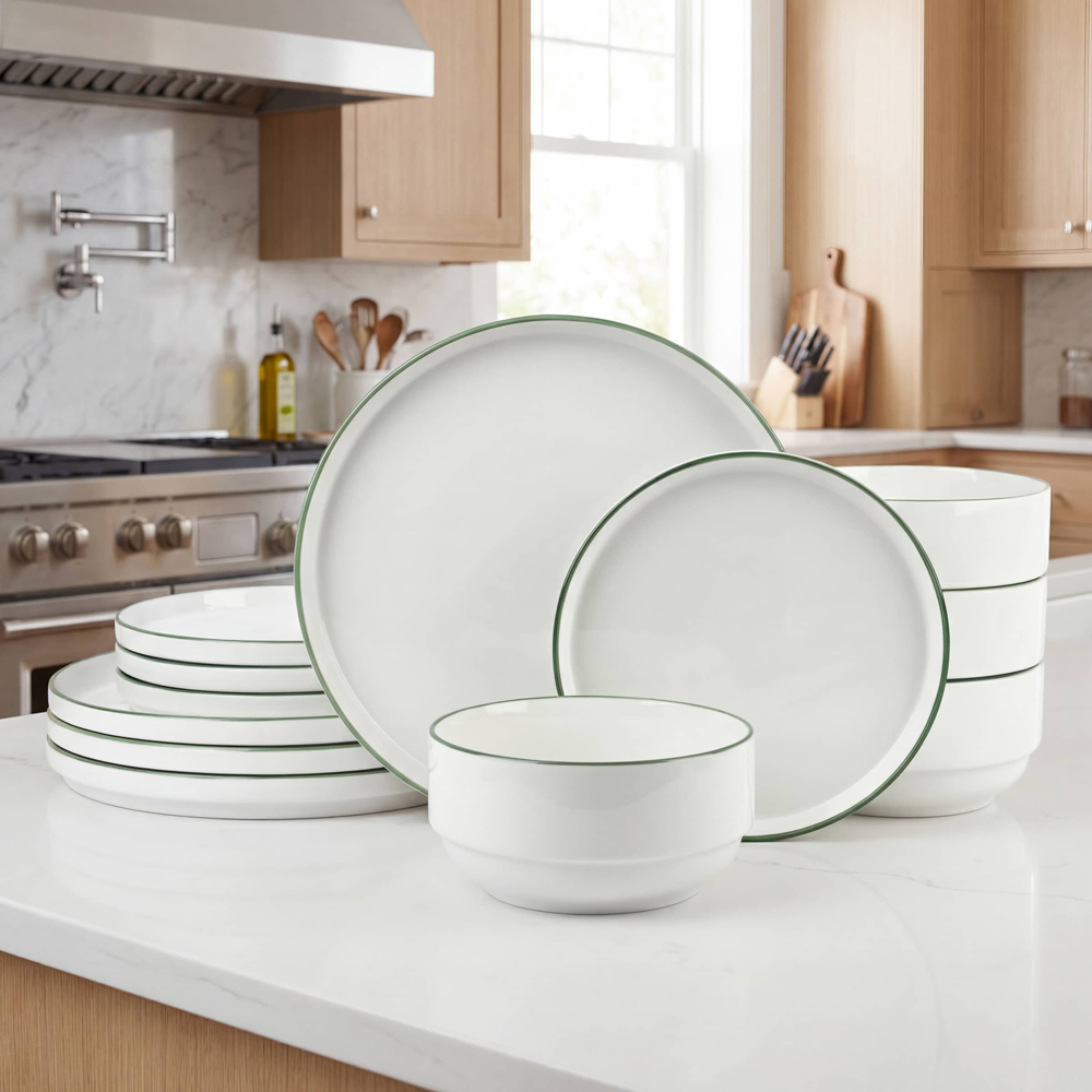 Waterside Green Rim White Stackable 12 Piece Dinner Set Image 2