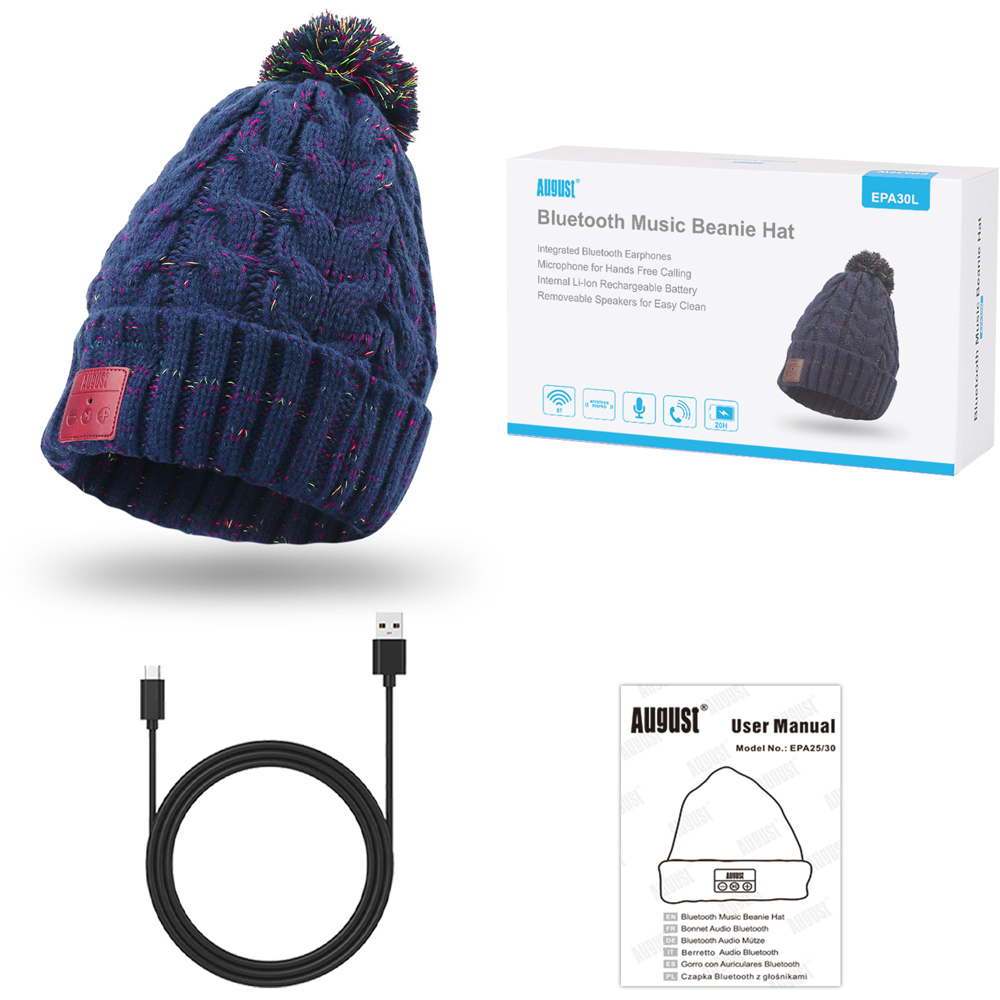 August EPA30L Blue Bobble Beanie Hat with Rechargeable Bluetooth Headphones and Mic Image 6