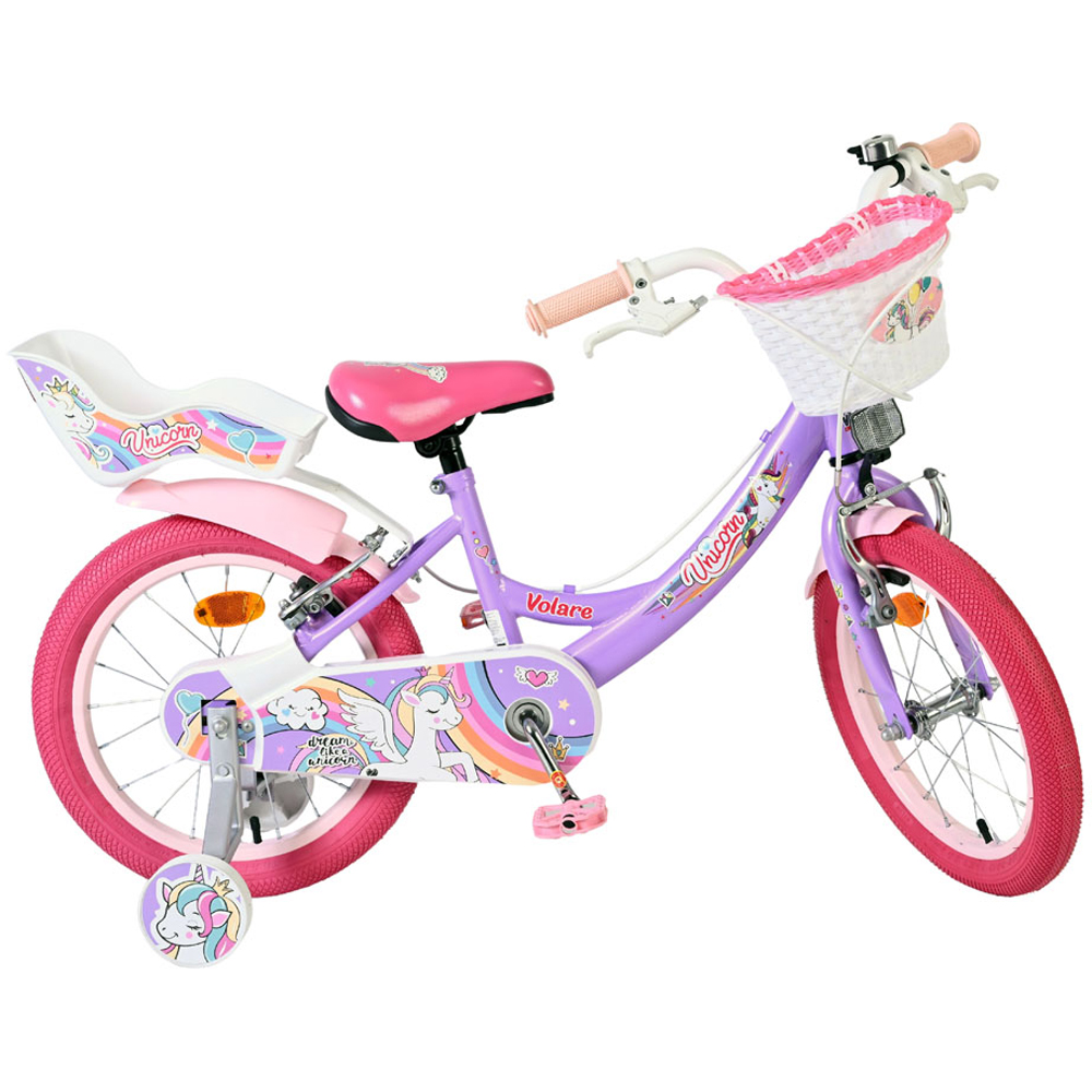 Volare Unicorn Kids 16 inch Purple and Pink Bike with Stabilisers Doll Seat and Basket Image 2