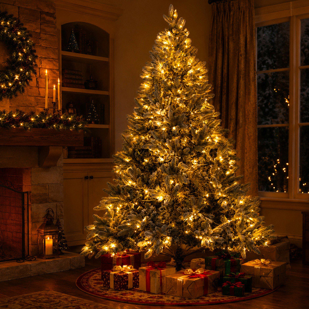 Abrihome 400 Warm White LED Pre-Lit Snow Flocked Artificial Christmas Tree with 1200 Mixed Tips 7ft Image 3