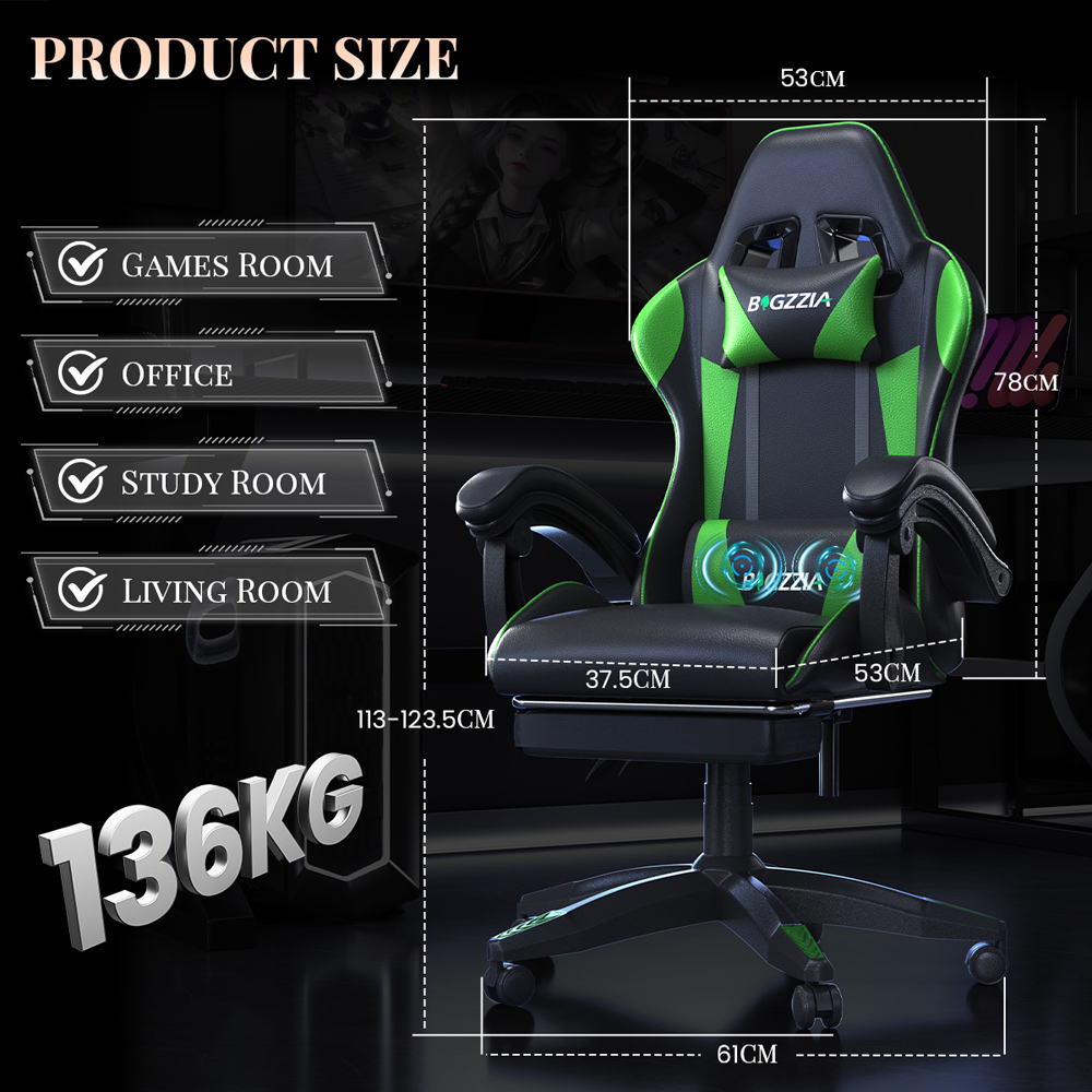Rattrix Green Reclining Gaming Chair with Massage Lumbar Cushion and Footrest Image 9