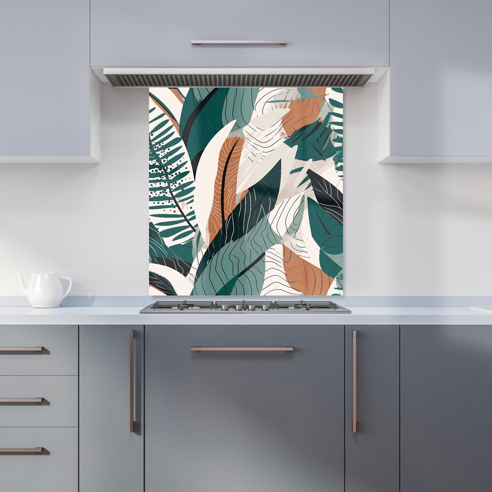 Warren Reed Designer Green and Brown Autumn Tropical Leaves Glass Kitchen Splashback 75 x 70cm Image 1
