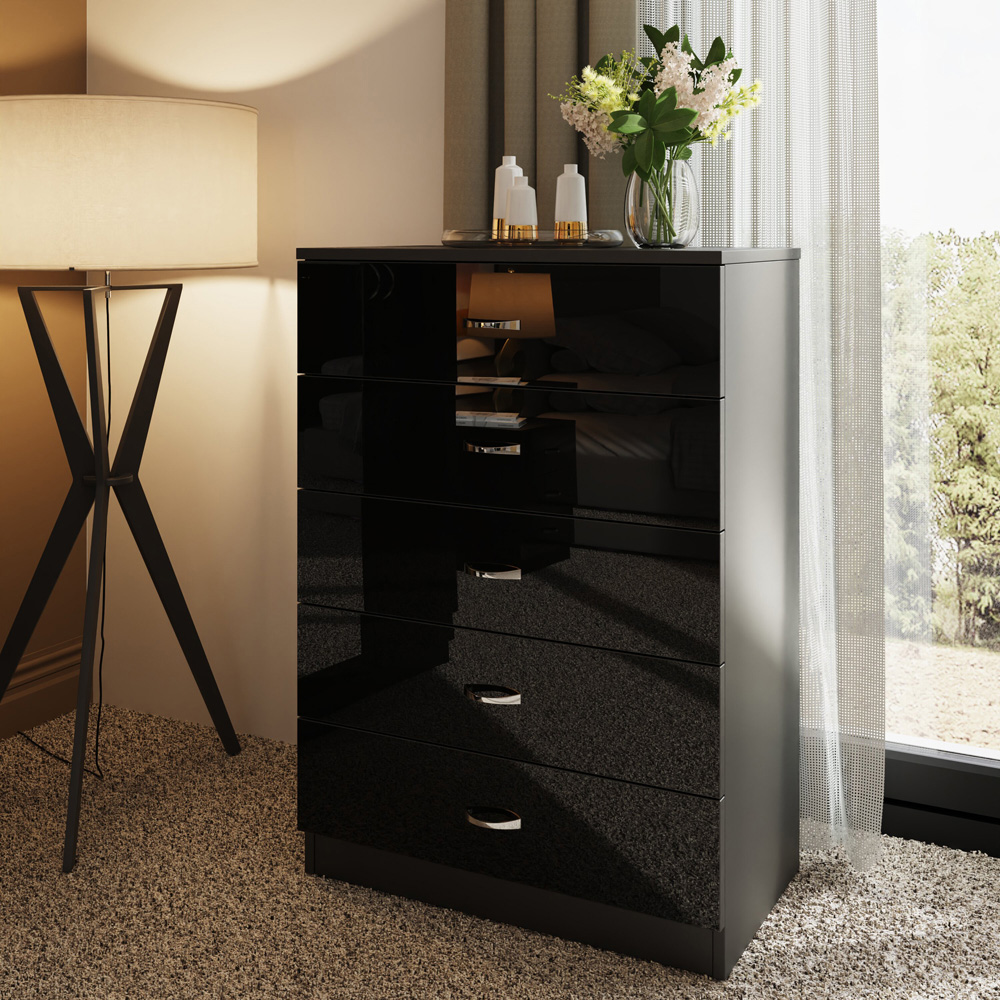 FWStyle Chilton 5 Drawer Black Gloss Chest of Drawers Image 5
