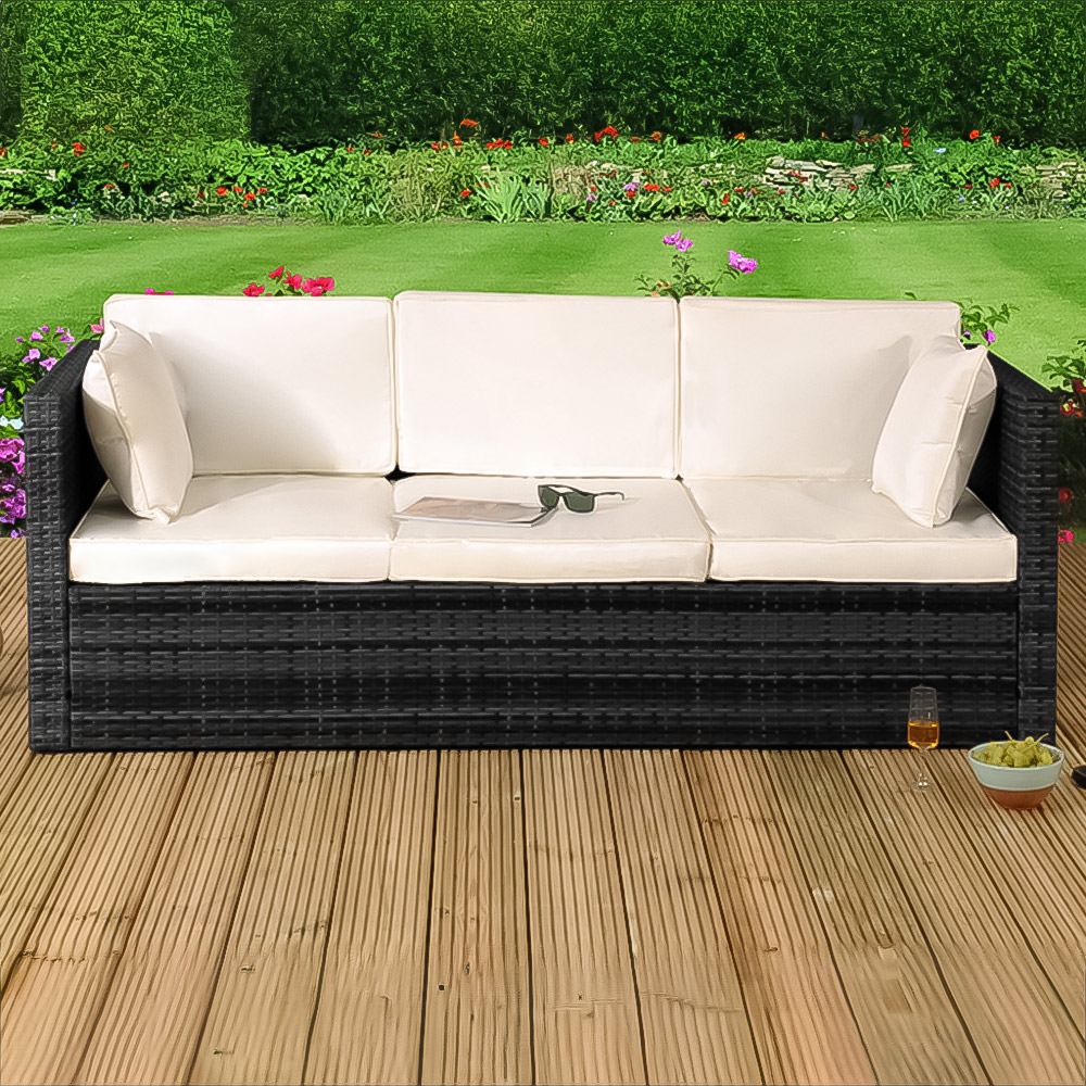 Brooklyn 3 Seater Black Rattan Sun Lounger Storage Sofa with Cover Image 1