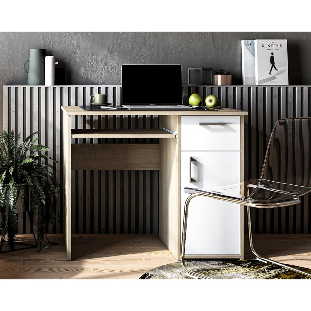 Kudl Maja Single Door Single Drawer Computer Desk with Pull Out Tray Oak and White Image 6