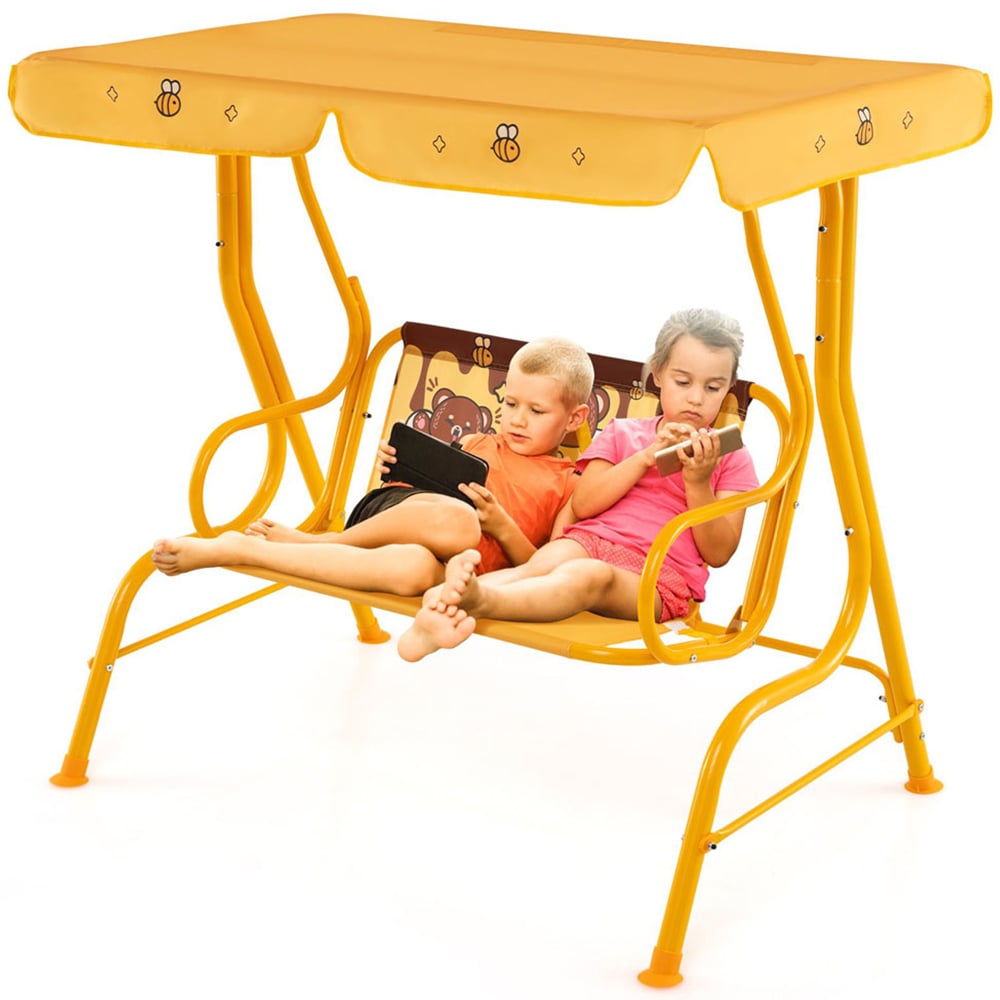 Costway 2 Seater Orange Kids Patio Swing Chair with Adjustable Canopy and Safety Belt Image 3
