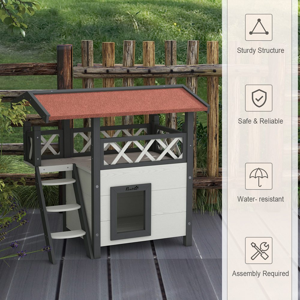 PawHut White Outdoor Cat House with Balcony Stairs Roof Image 6