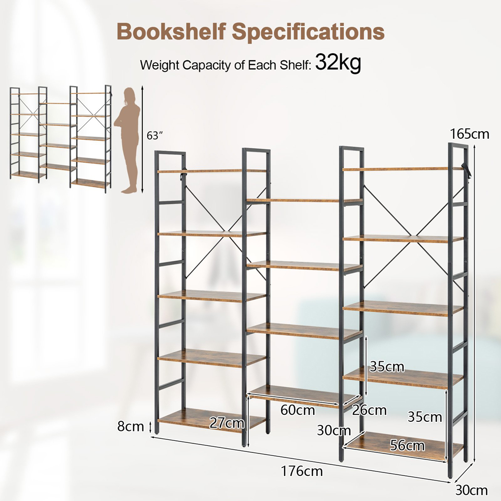 Costway 5 Open Shelf Brown Industrial Bookshelf Image 9