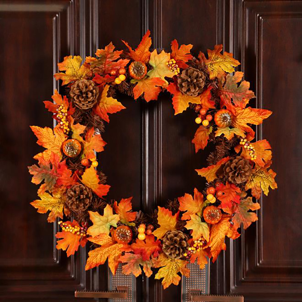 Living and Home Artificial Maple Leaf Wreath with Pumpkins 60cm Image 2