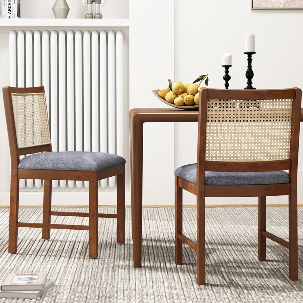Costway Set of 2 Walnut Rattan Dining Chair with Padded Seat Image 1